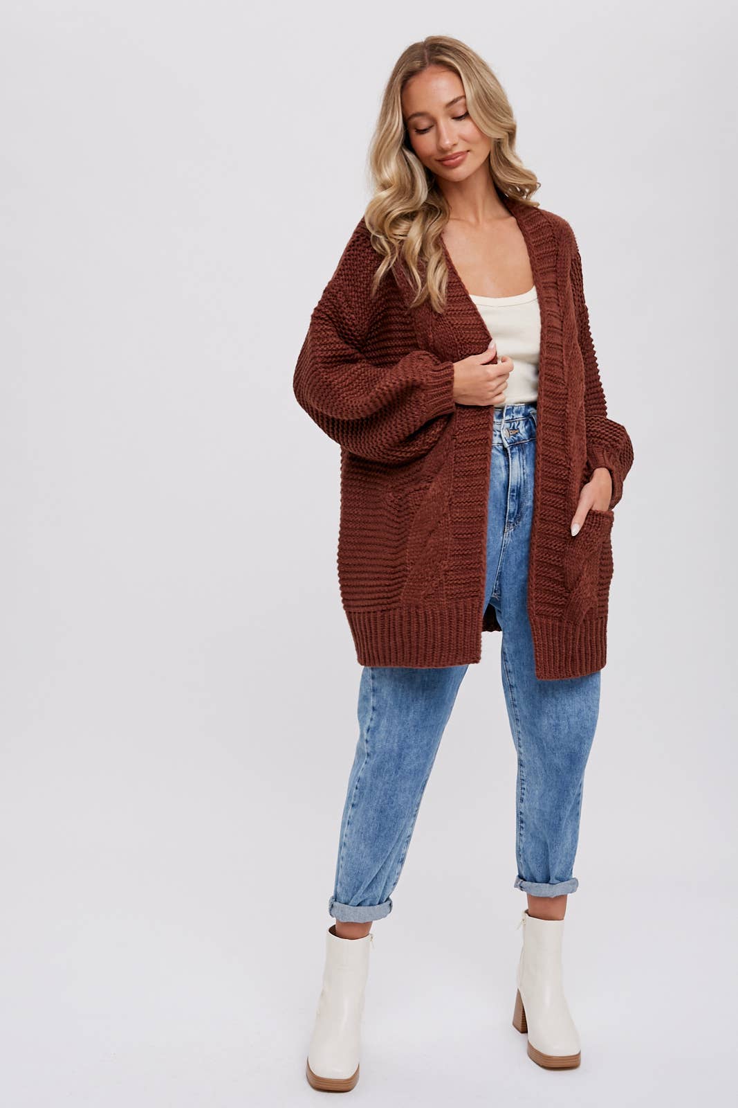 CHUNKY CABLE LANTERN SLEEVE CARDIGAN: OLIVE