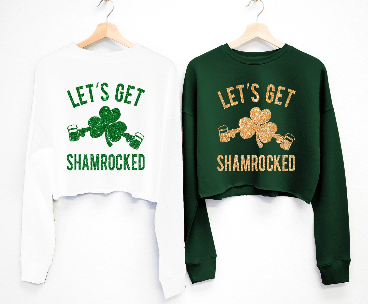 Let's Get Shamrocked GLITTER St Patricks Day Crop Sweatshirt: Green