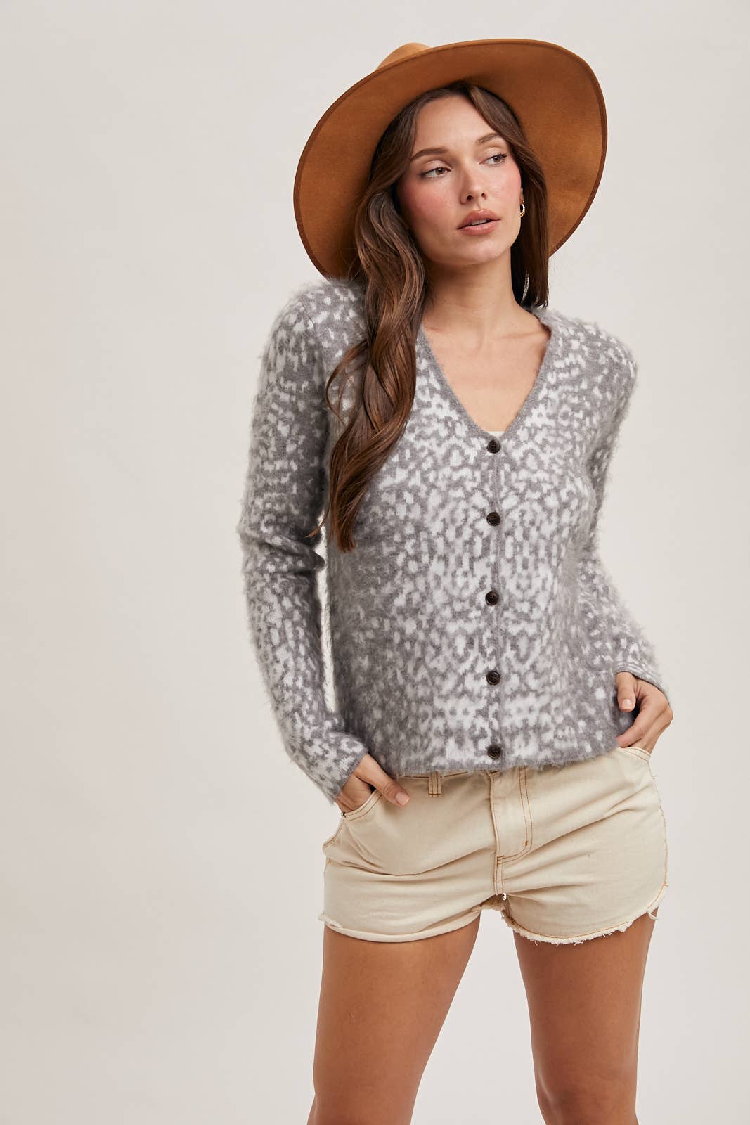 LEOPARD BUTTON DOWN KNIT CARDIGAN: TAUPE