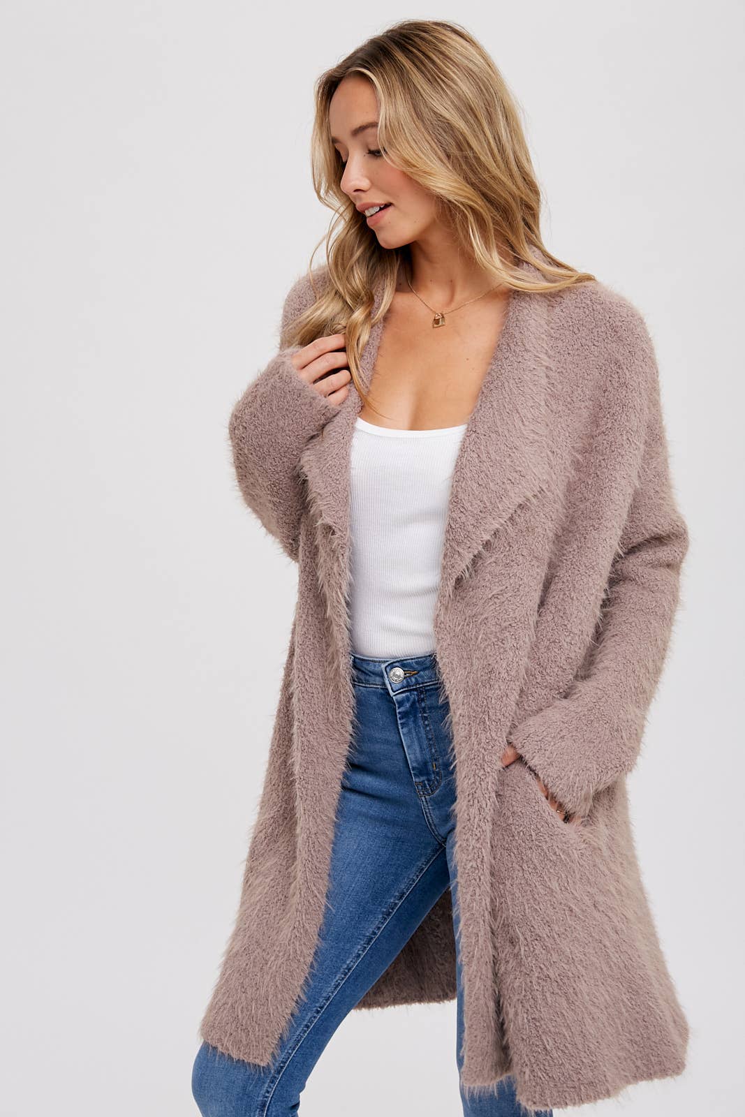 SOFT FUZZY DRAPE FRONT CARDIGAN: MUSHROOM