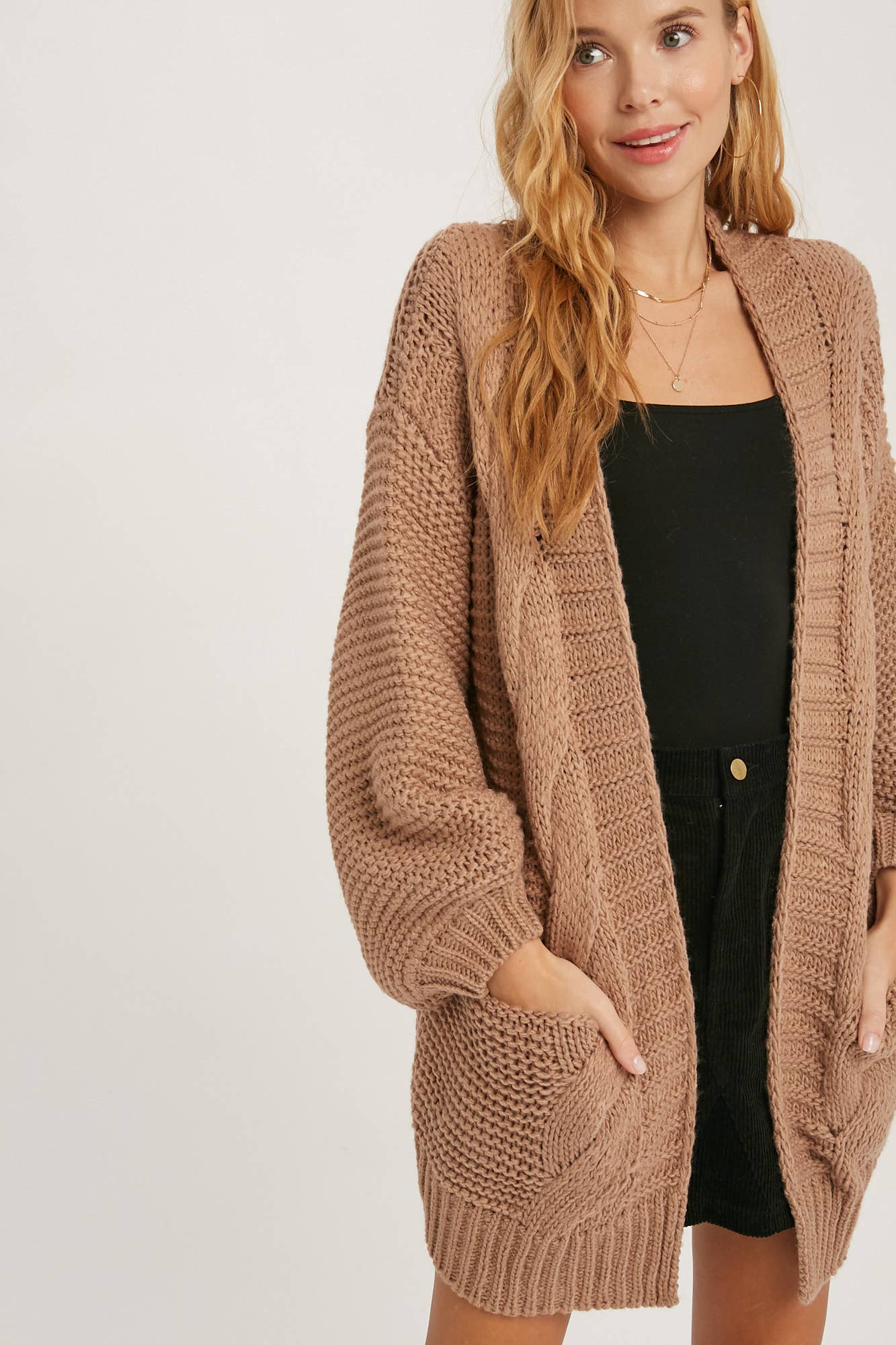 CHUNKY CABLE LANTERN SLEEVE CARDIGAN: OLIVE