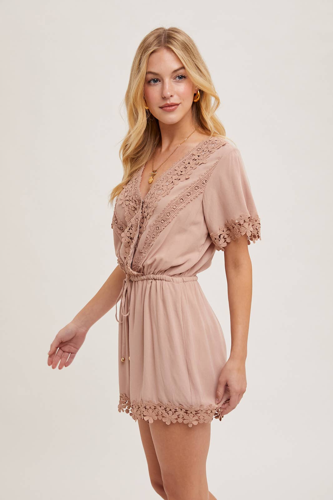 WRAP FLORAL LACE TRIMMED DRAWSTRING ROMPER: ALMOND