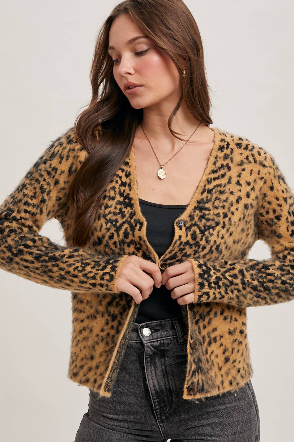 LEOPARD BUTTON DOWN KNIT CARDIGAN: TAUPE