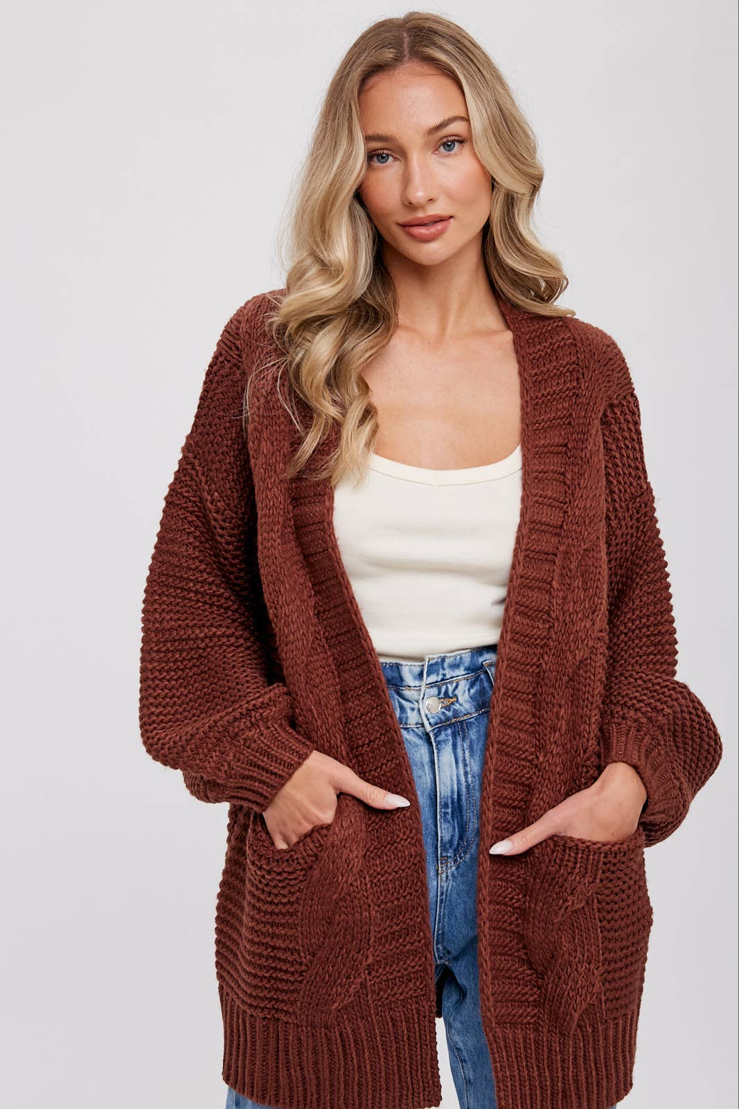 CHUNKY CABLE LANTERN SLEEVE CARDIGAN: OLIVE