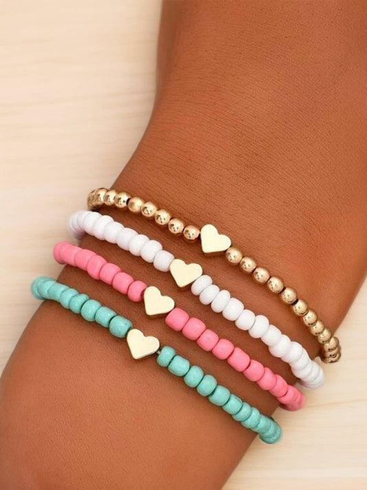 Heart Beaded Multi Layered Bracelet Set: Pink