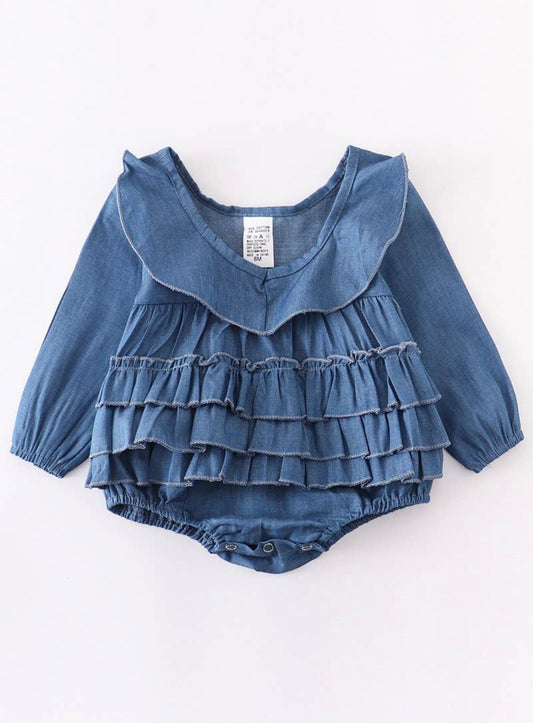 Denim blue ruffle baby onesie