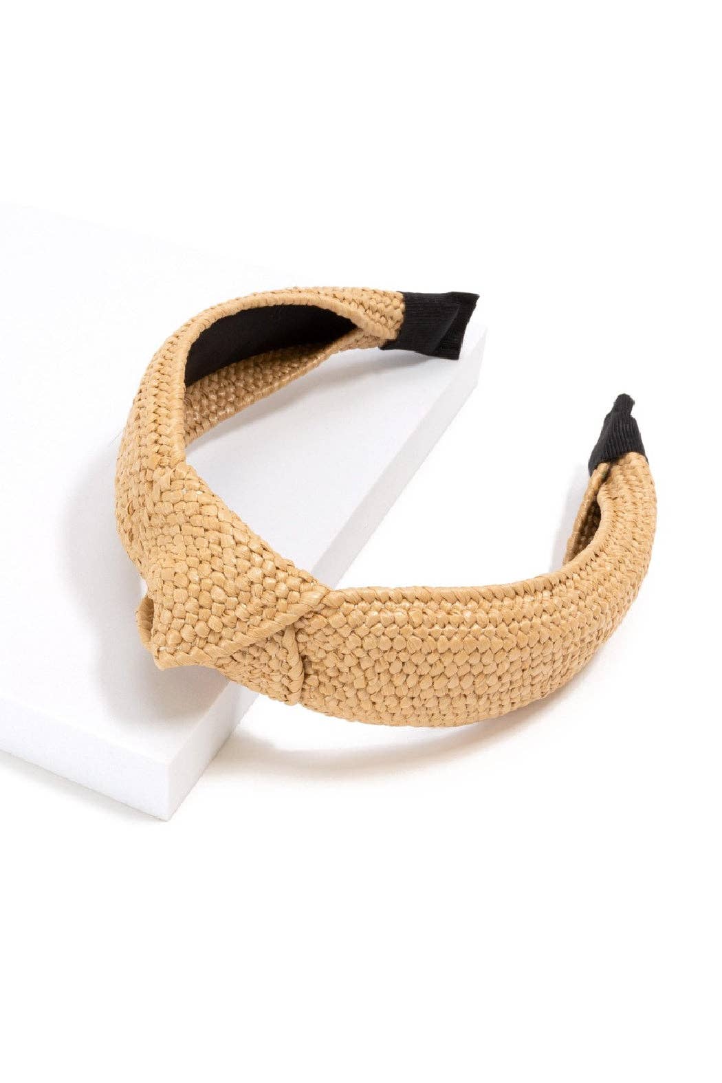 Glossy Woven Straw Top Knot Headband: Beige