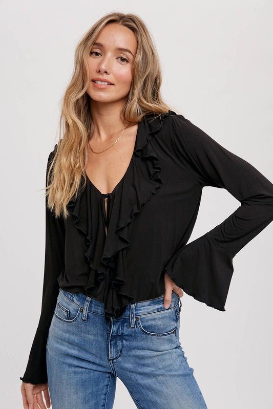 RUFFLED NECK JERSEY BLOUSE