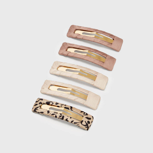 Satin Wrapped Snap Clip 5pc Neutral & Leopard